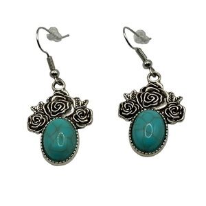 Southwestern Boho Silver Tone Flower Faux Turquoise Dangle Pierced Earrings NWOT